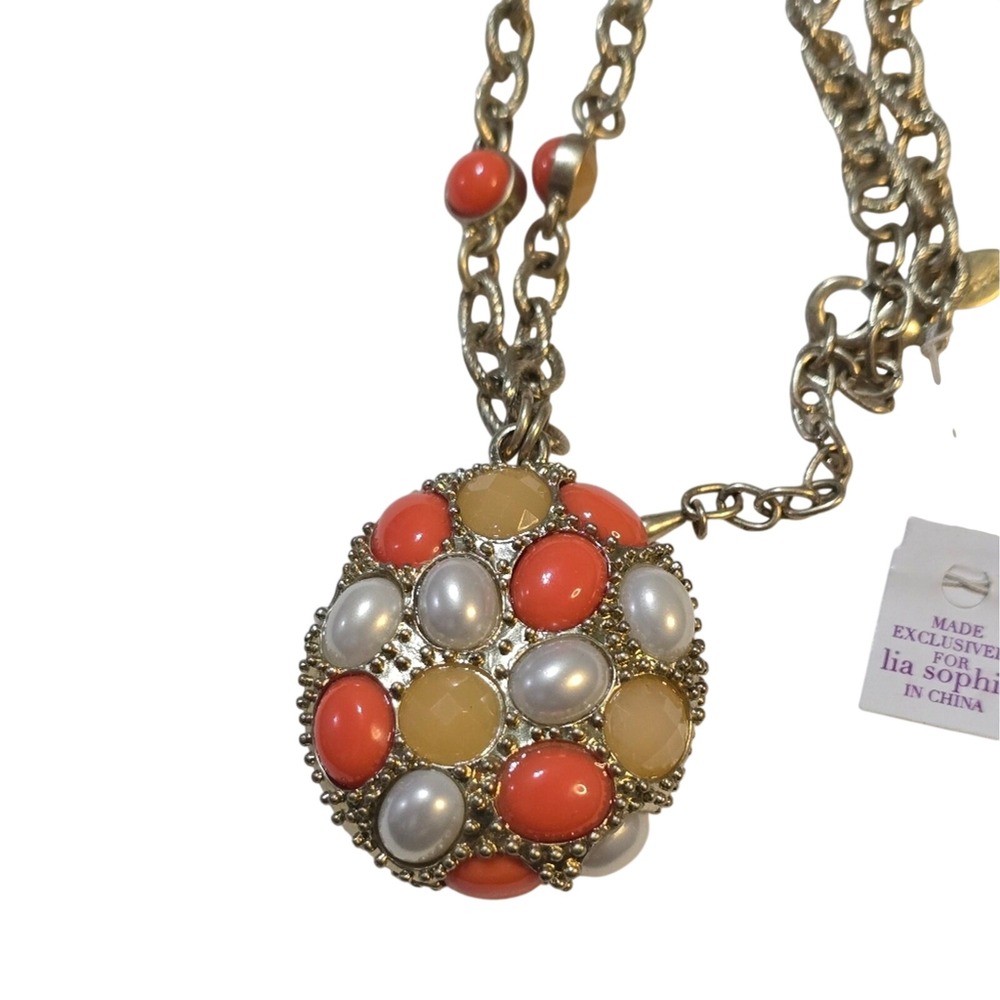 Lia Sophia Coral White Amber Cabochon Domed Pendant Long Gold Tone Necklace NEW